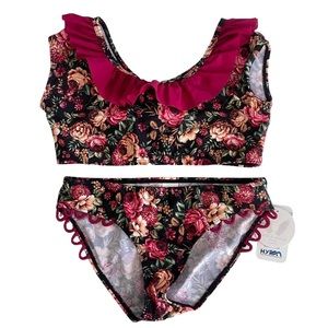 NWOT Afriel & Tabbris Girls 8 Dark Floral 2 Piece Ruffle Swimsuit - No Flaws